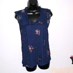 Pale Sky Cross Stitch Embroidered Floral Lace Hem Sleeveless Tunic Blouse